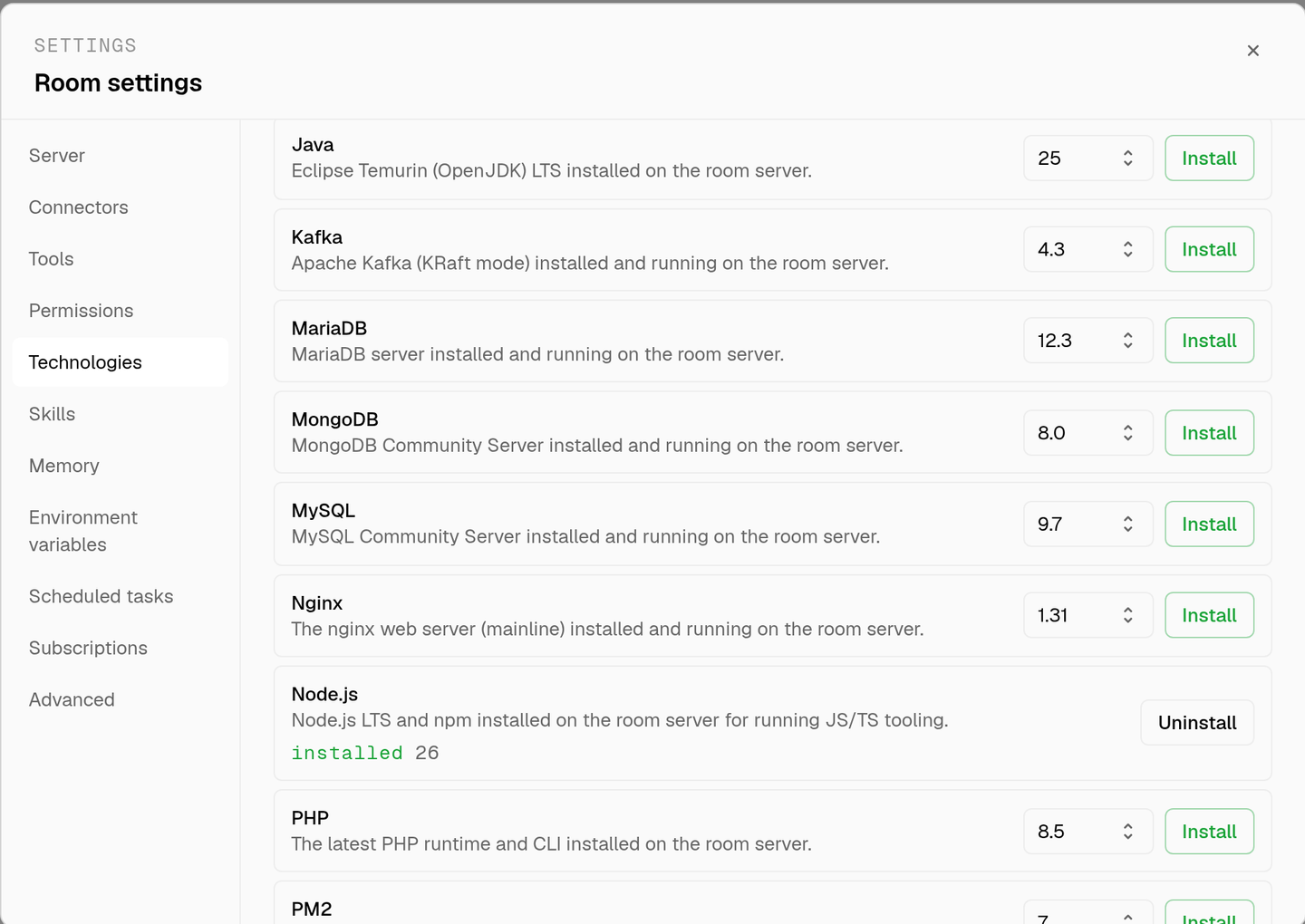 two rooms in one team, each with its own server tier, its own agents, and its own activity feed