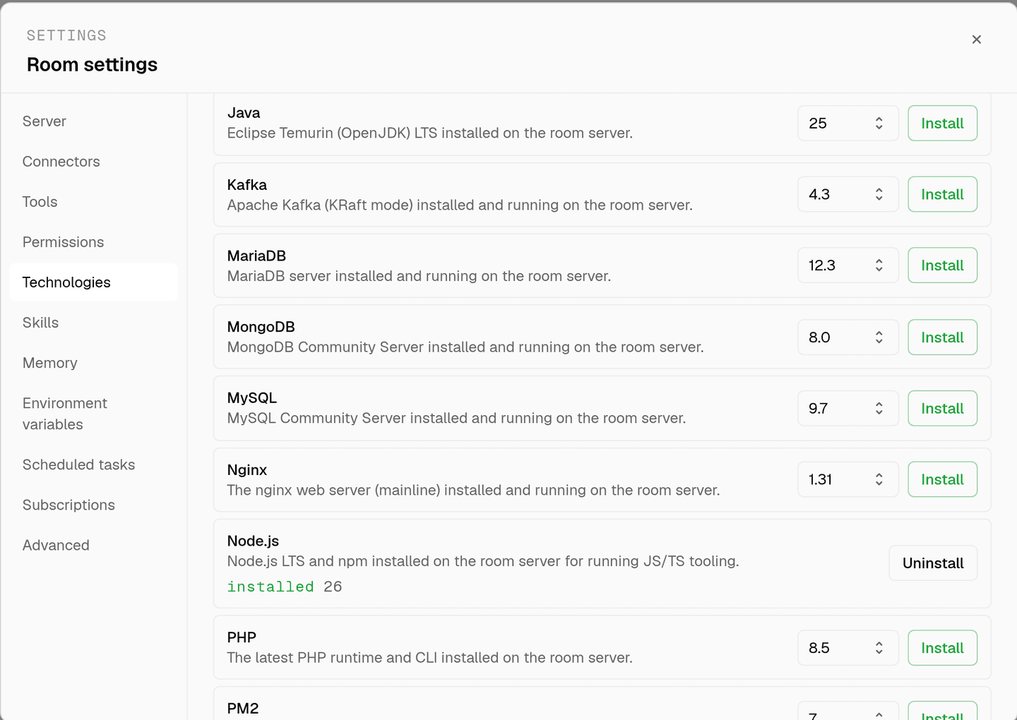 the technologies tab in room settings with node.js installed on this room's server