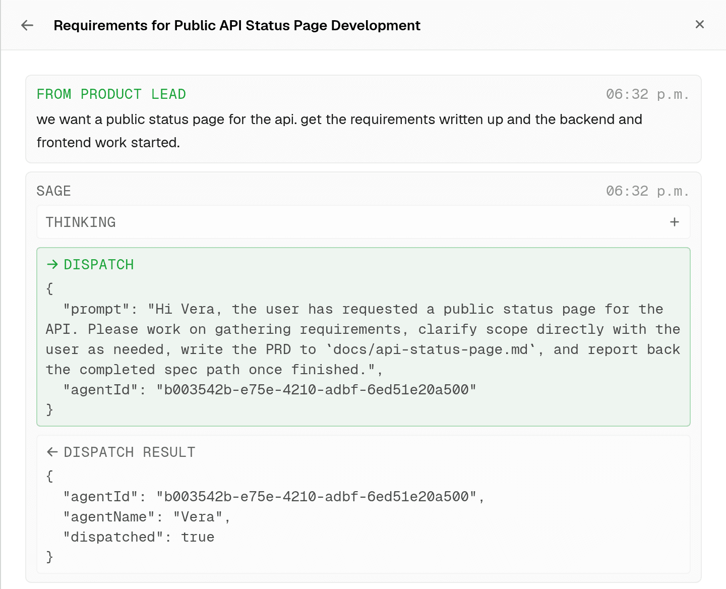 a plain language request to the project manager, then the dispatch that hands the work to the business analyst and the acknowledgement coming back