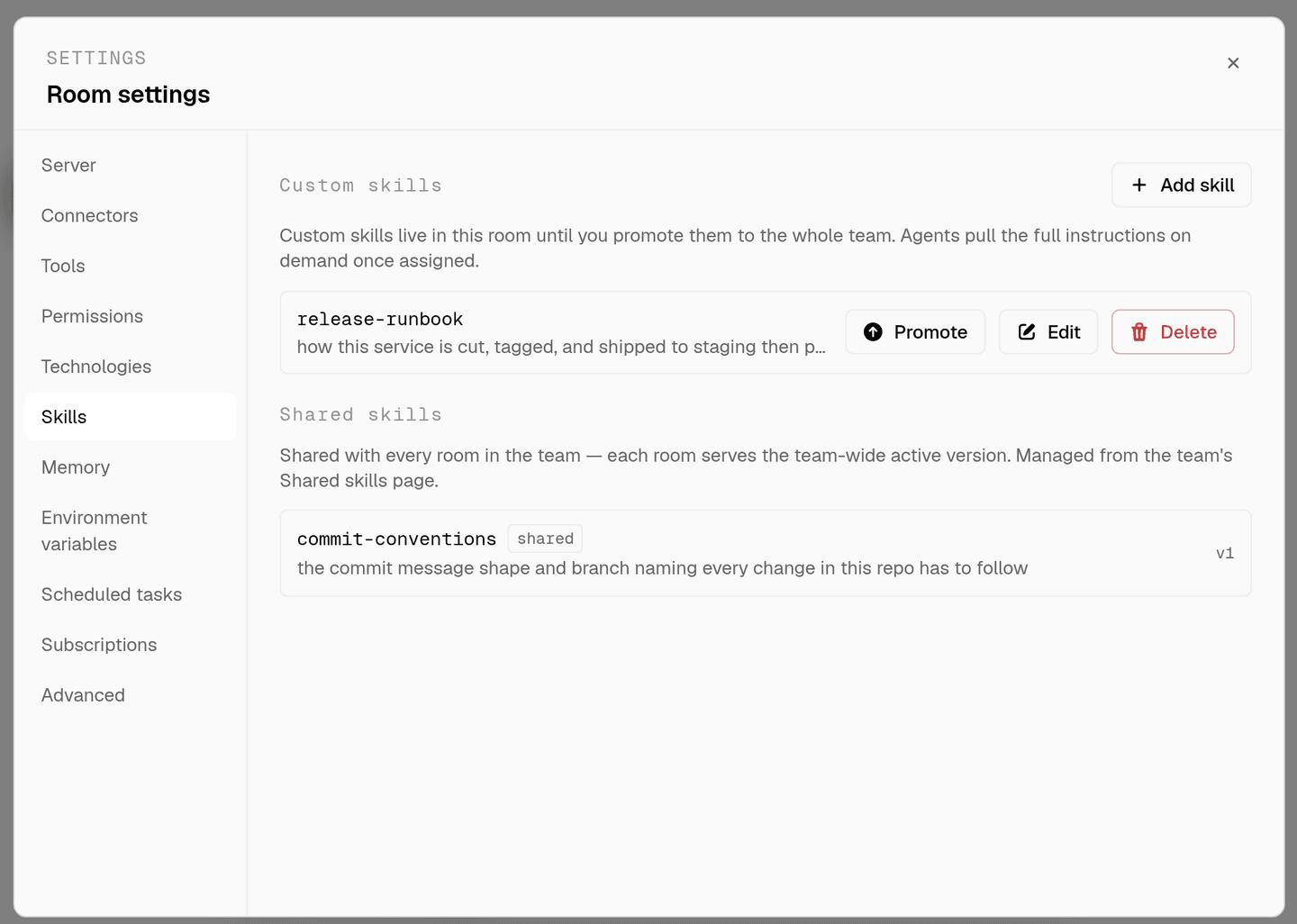 the room's skills tab with a custom release runbook waiting to be promoted and a commit conventions skill already shared with every room on the team