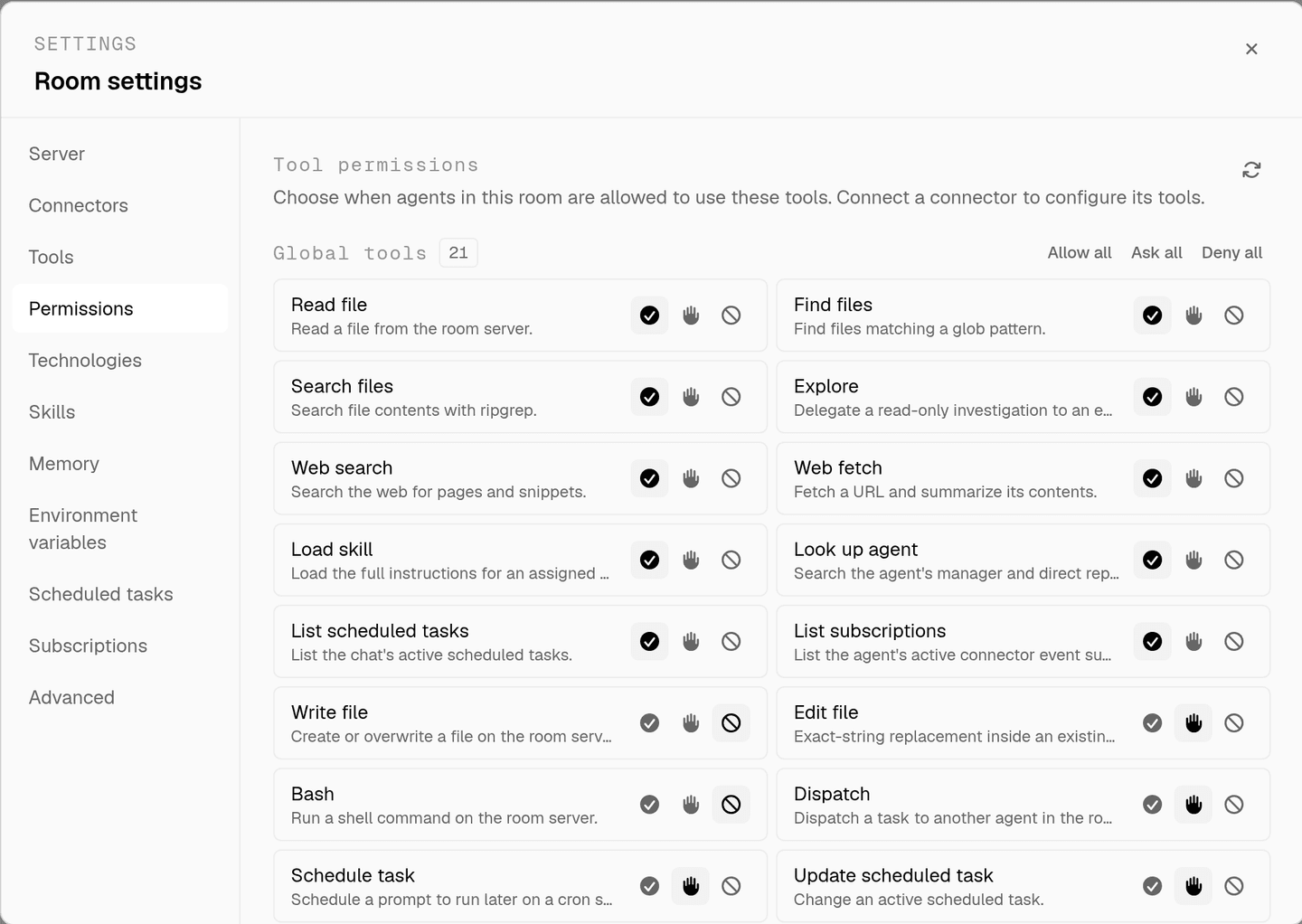 the permissions tab in room settings with reads on allow, edits on ask, and write file and bash on deny