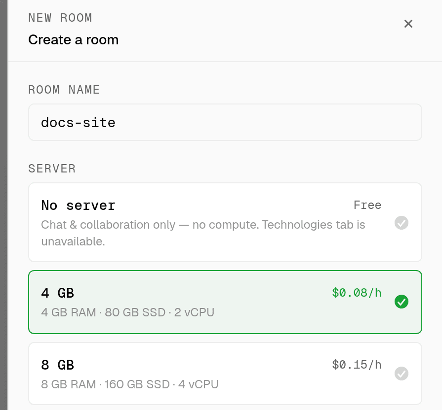 the new room panel with the no server, 4 gb, and 8 gb tiers listed and 4 gb selected