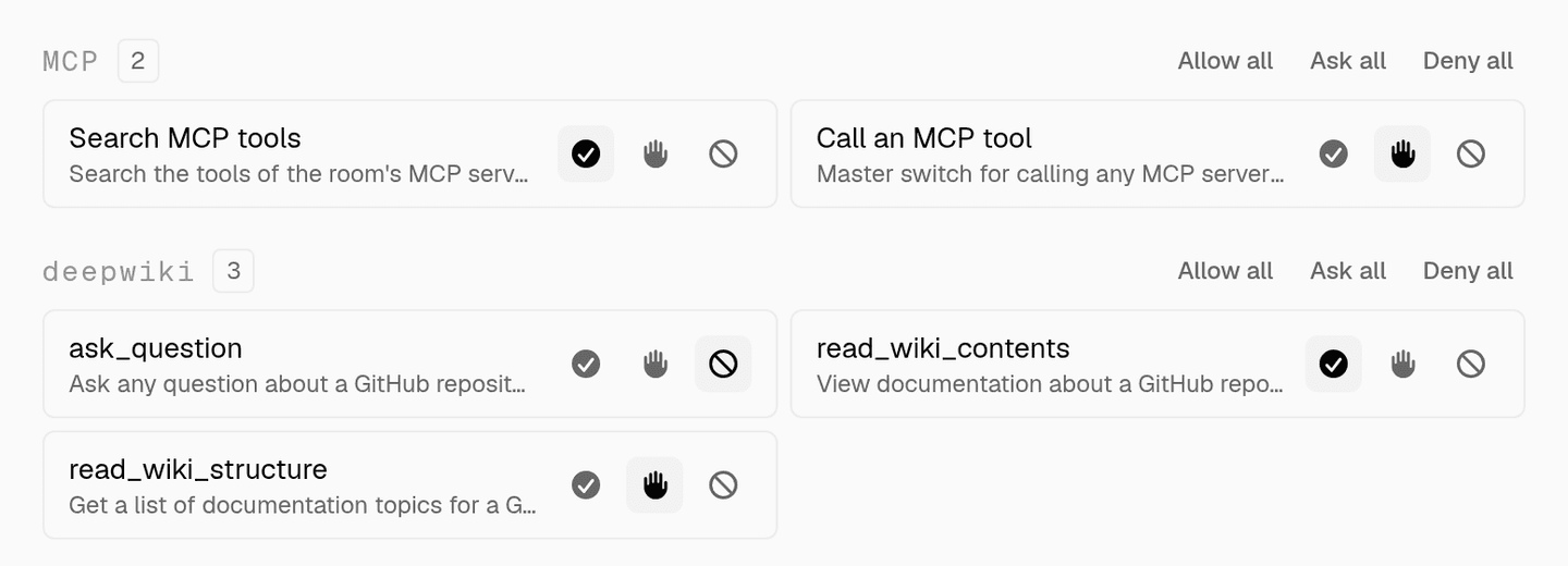 the permissions tab with the mcp search and call rows above a deepwiki section whose three tools sit on deny, allow and ask